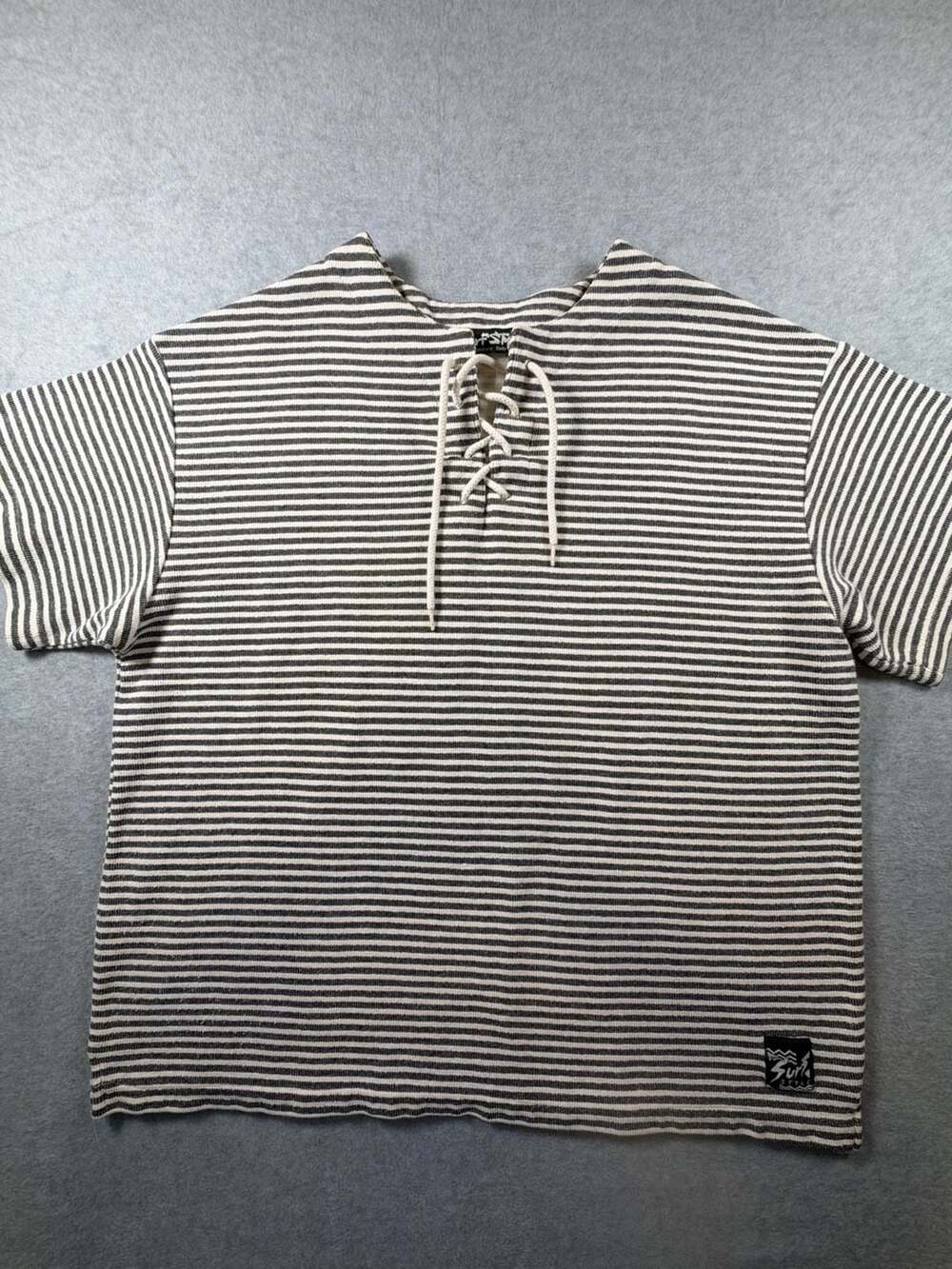 Surf Style Interplanetary Body Gear Striped Short Sleeve Lace-Up Top